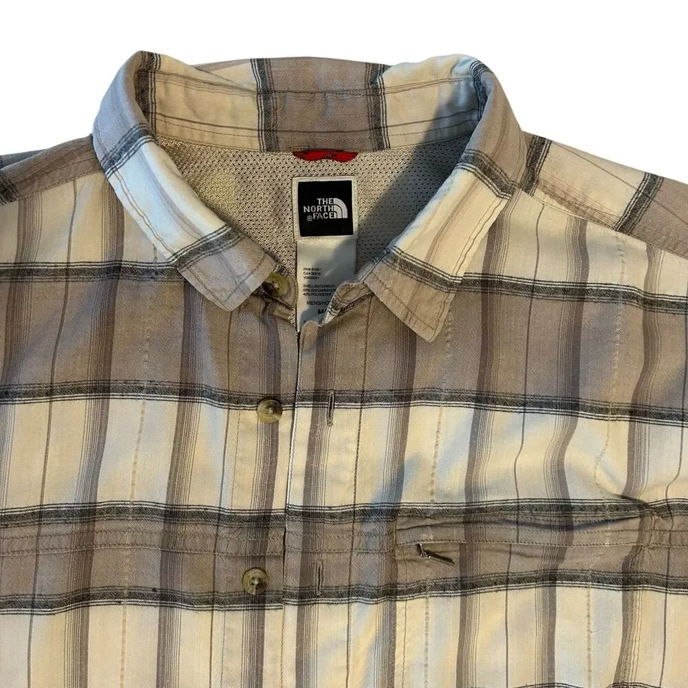 North Face Button Up Shirt Men’s Size MED Short Sleeve Beige Cream Plaid Outdoor